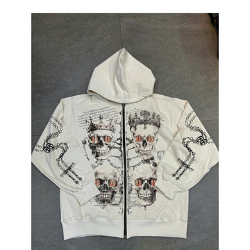 King And Queen Skull Graphic Print Zip Up Hoodie