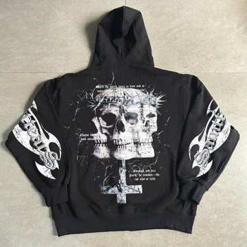 Cross Skull American Y2K Graphic Print Zip Up Hoodie