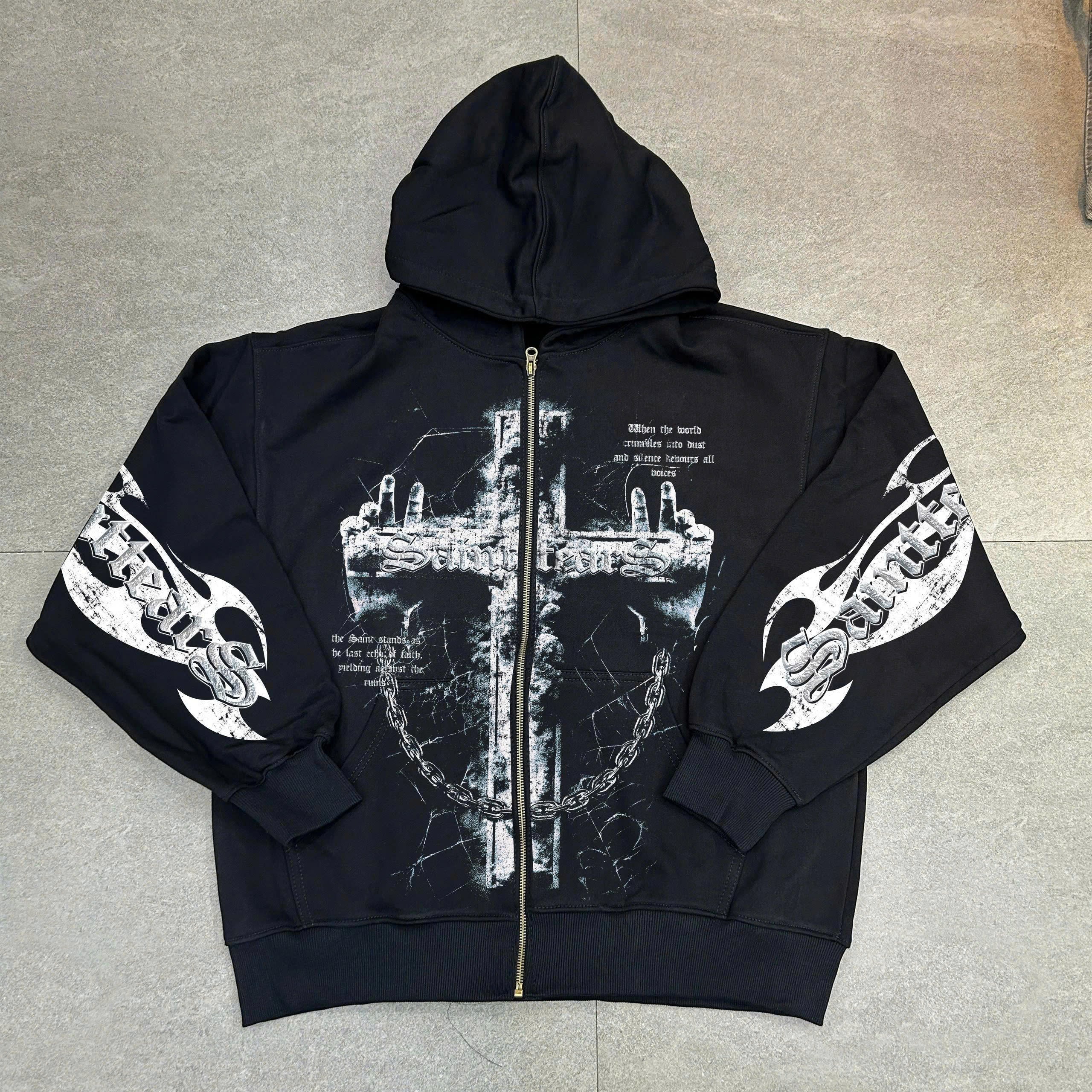 Cross Skull American Y2K Graphic Print Zip Up Hoodie